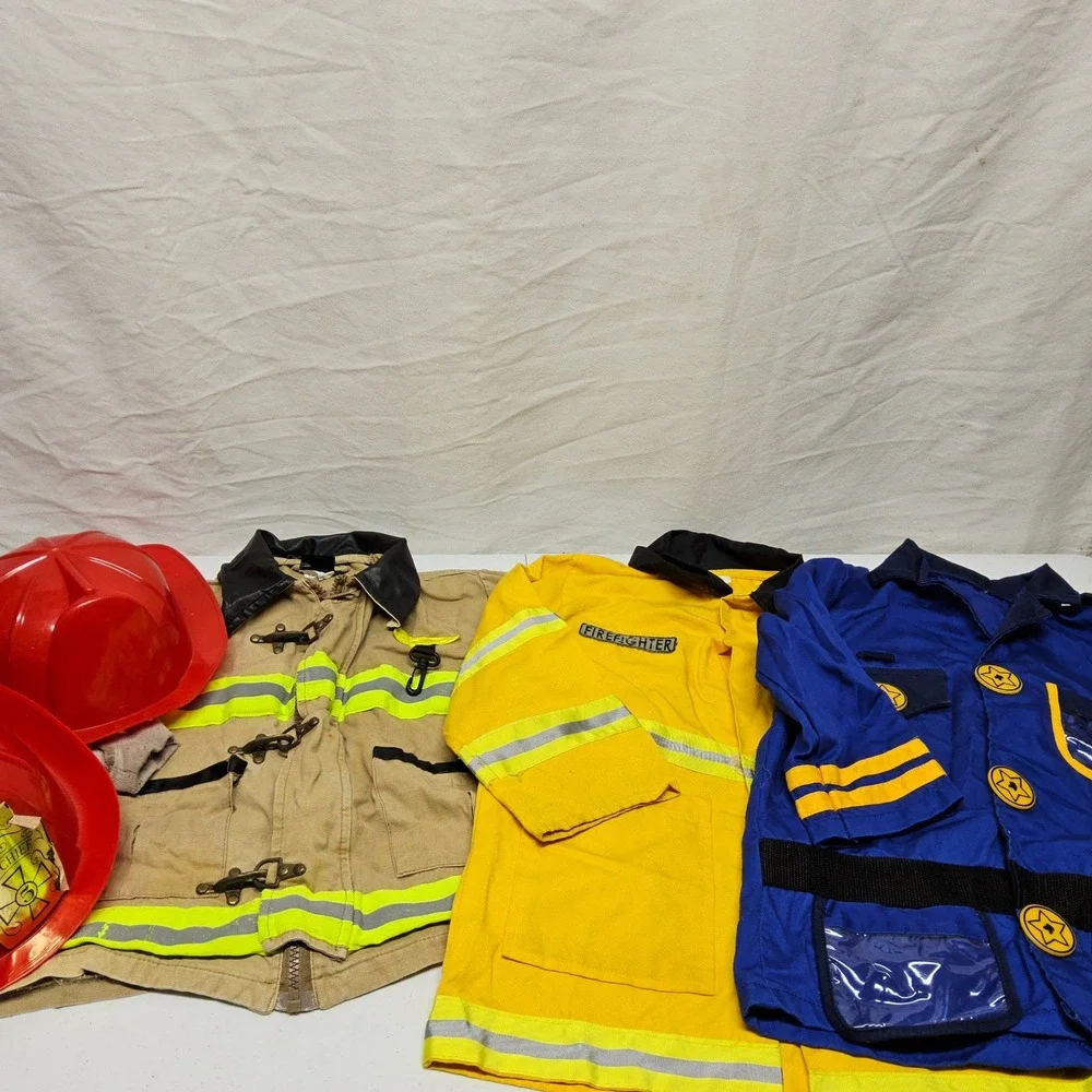 Adventure Factory Costume Set Kids OS Tan Yellow Blue Firefighter Police 5pc Lot